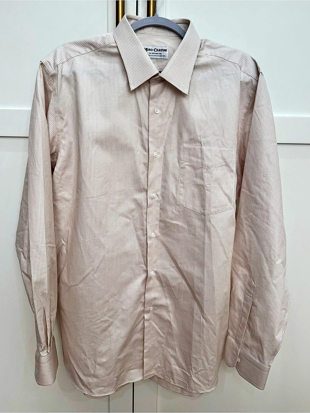 Miro Carpini Men's Checkered Dress Shirt in White & Tan Like New Size XL